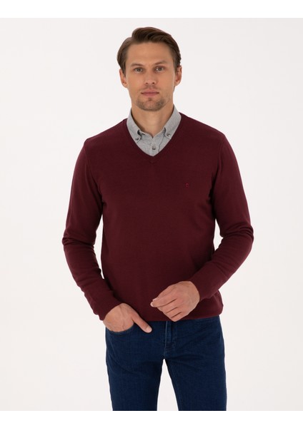 Erkek Koyu Bordo Slim Fit V Yaka Basic Triko Kazak 50314190-VR175