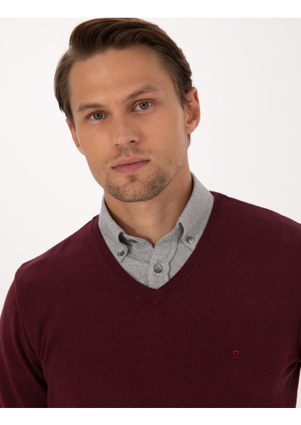 Erkek Koyu Bordo Slim Fit V Yaka Basic Triko Kazak 50314190-VR175 fiyatları