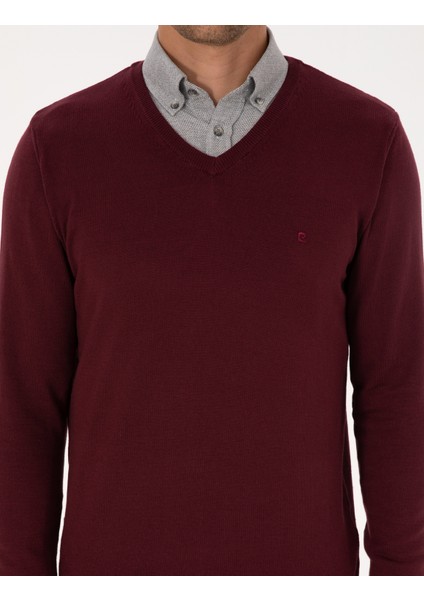 Erkek Koyu Bordo Slim Fit V Yaka Basic Triko Kazak 50314190-VR175