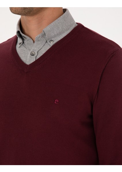 Erkek Koyu Bordo Slim Fit V Yaka Basic Triko Kazak 50314190-VR175