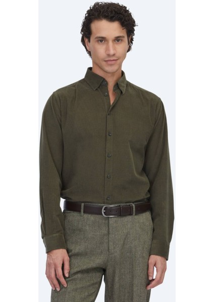 Haki Çizgili Regular Fit Dokuma Kadife Casual %100 Pamuk Gömlek