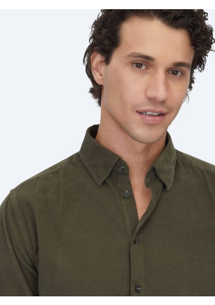 Haki Çizgili Regular Fit Dokuma Kadife Casual %100 Pamuk Gömlek modelleri