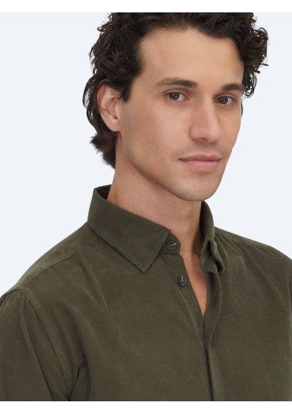 Haki Çizgili Regular Fit Dokuma Kadife Casual %100 Pamuk Gömlek fırsatları