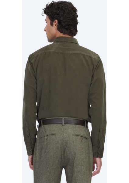 Haki Çizgili Regular Fit Dokuma Kadife Casual %100 Pamuk Gömlek indirimleri