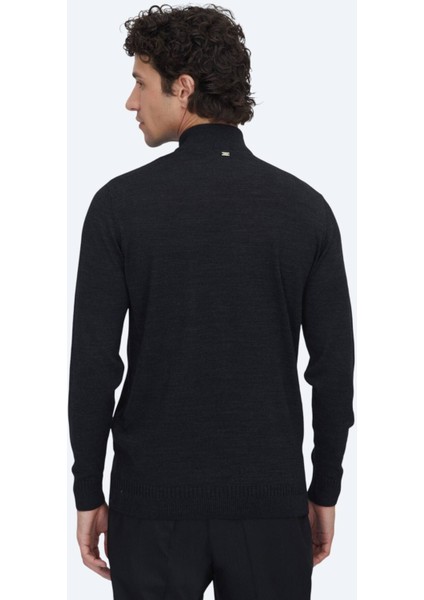 Antrasit Yarım Balıkçı Yaka Jakarlı Yün Karışımlı Triko Kazak indirimleri