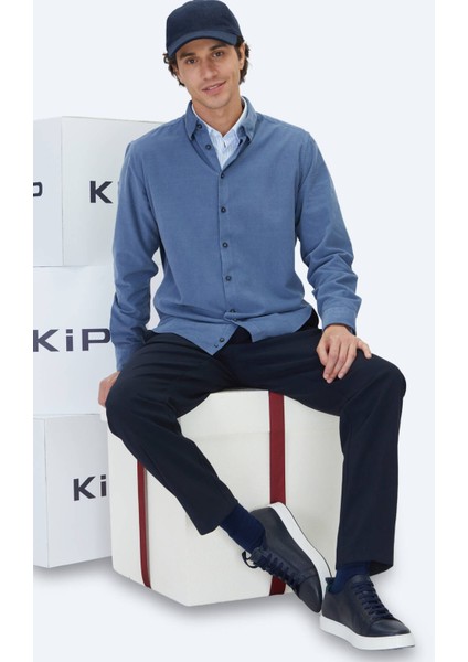 Mavi Çizgili Regular Fit Dokuma Kadife Casual %100 Pamuk Gömlek