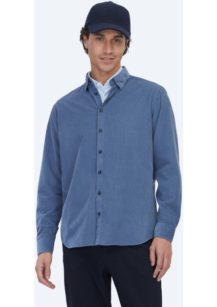 Mavi Çizgili Regular Fit Dokuma Kadife Casual %100 Pamuk Gömlek fiyatları