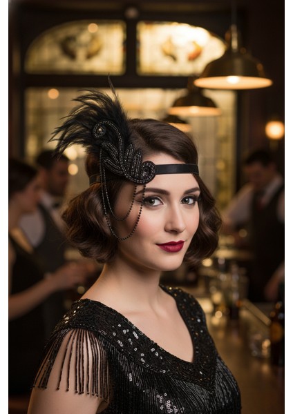 1920'ler Gatsby Flapper Aksesuar Seti- Taşlı Tüy Saç Bandı, Uzun Eldiven, Sigara Tutucu fırsatları