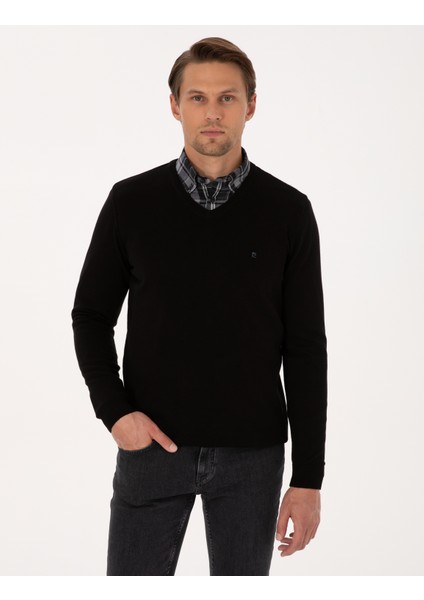 Erkek Siyah Slim Fit V Yaka Basic Triko Kazak 50314190-VR046