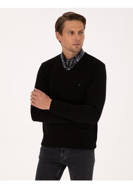 Erkek Siyah Slim Fit V Yaka Basic Triko Kazak 50314190-VR046 modelleri