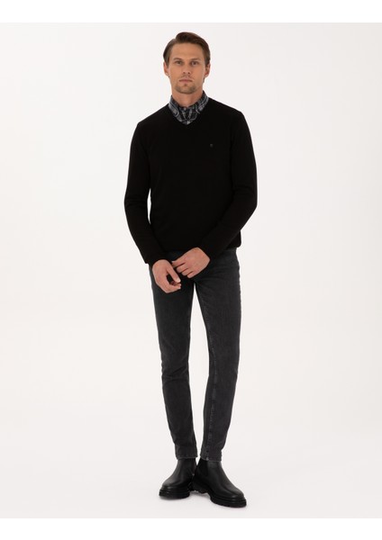 Erkek Siyah Slim Fit V Yaka Basic Triko Kazak 50314190-VR046 fırsatları