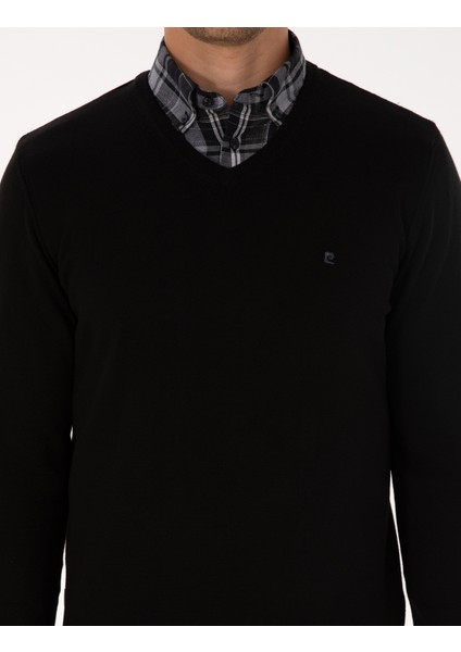 Erkek Siyah Slim Fit V Yaka Basic Triko Kazak 50314190-VR046