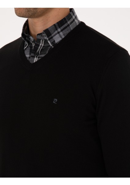 Erkek Siyah Slim Fit V Yaka Basic Triko Kazak 50314190-VR046