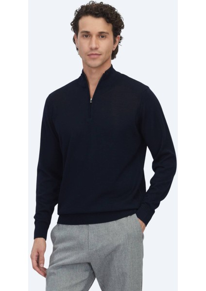Lacivert Bato Yaka Jakarlı Yün Karışımlı Triko Kazak