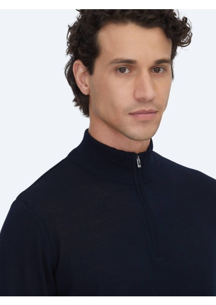 Lacivert Bato Yaka Jakarlı Yün Karışımlı Triko Kazak modelleri