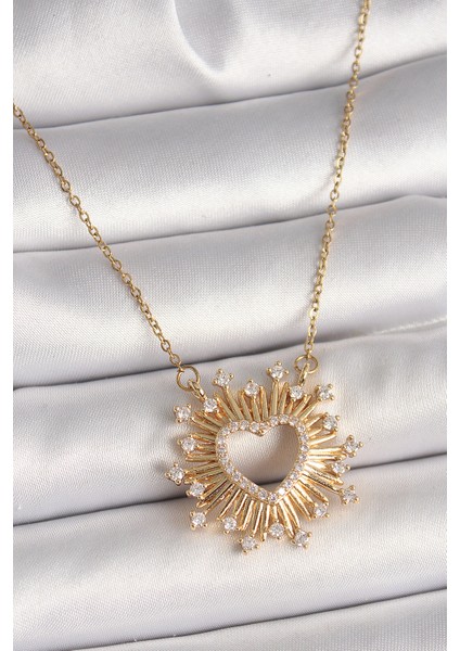 316L Çelik Gold Renk Zirkon Taşlı Kalp Model Kadın Kolye