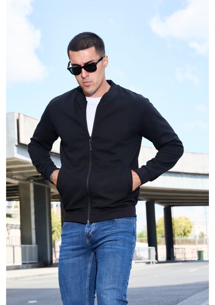 Slim Fit Yarım Balıkçı Yaka Tam Fermuarlı Düz Renk Erkek Sweatshirt - V001