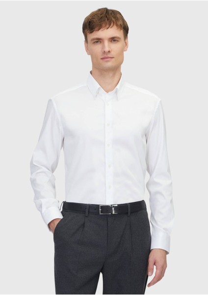 Beyaz Desenli Regular Fit Dokuma Klasik Pamuk Karışımlı Gömlek
