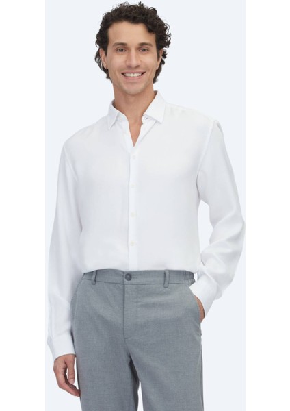 Beyaz Regular Fit Dokuma Casual Gömlek