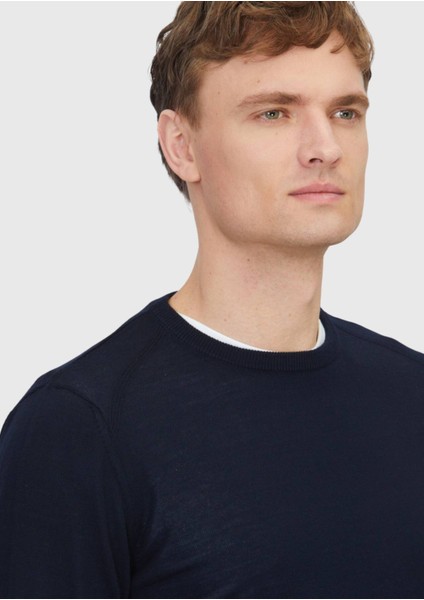 Lacivert Bisiklet Yaka Düz Örgü Yün Karışımlı Triko Kazak modelleri