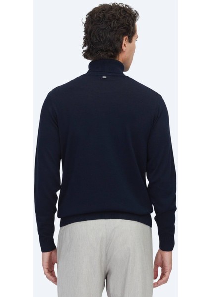 Lacivert Tam Balıkçı Yaka Jakarlı Yün Karışımlı Triko Kazak indirimleri