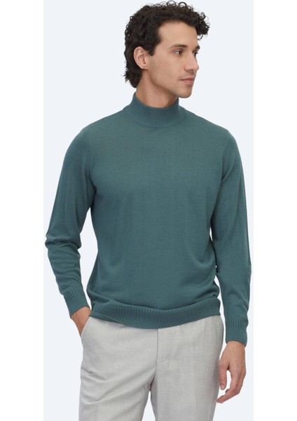 Koyu Mint Yarım Balıkçı Yaka Jakarlı Yün Karışımlı Triko Kazak indirimleri