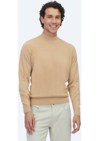 Deve Tüyü Yarım Balıkçı Yaka Jakarlı Yün Karışımlı Triko Kazak