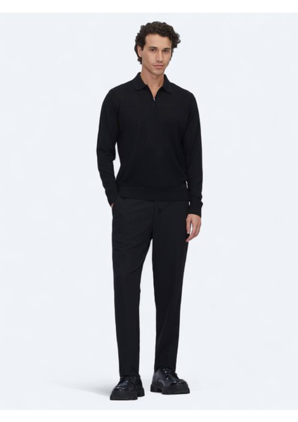 Siyah Polo Yaka Jakarlı Yün Karışımlı Triko Kazak fiyatları