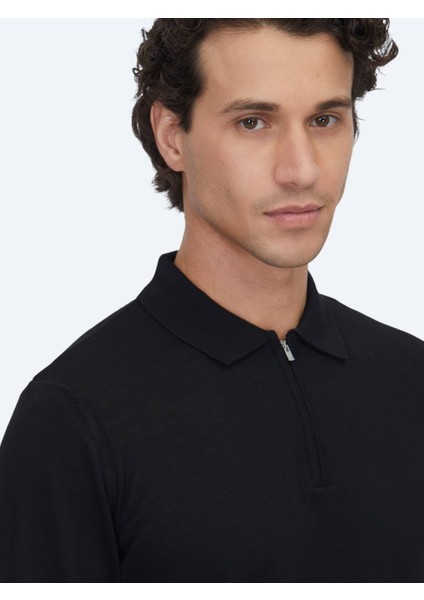 Siyah Polo Yaka Jakarlı Yün Karışımlı Triko Kazak modelleri