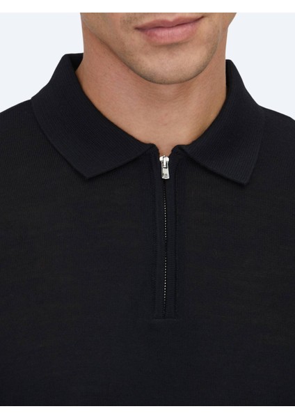 Siyah Polo Yaka Jakarlı Yün Karışımlı Triko Kazak fırsatları