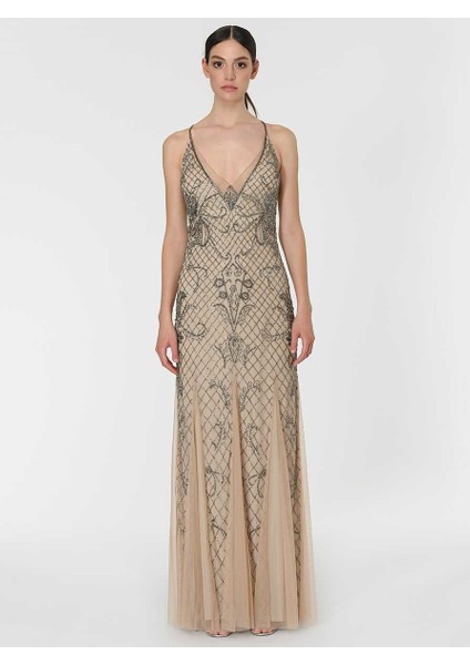 Boncuk İşlemeli Tül Detaylı Uzun Elbise Şampanya Y1961108_224