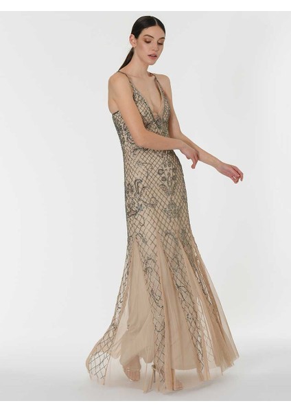 Boncuk İşlemeli Tül Detaylı Uzun Elbise Şampanya Y1961108_224 fiyatları