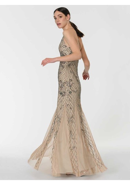 Boncuk İşlemeli Tül Detaylı Uzun Elbise Şampanya Y1961108_224 modelleri