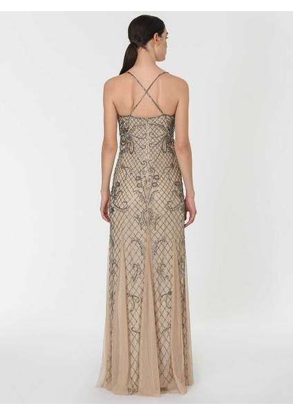Boncuk İşlemeli Tül Detaylı Uzun Elbise Şampanya Y1961108_224 fırsatları