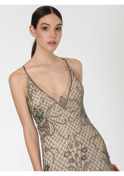 Boncuk İşlemeli Tül Detaylı Uzun Elbise Şampanya Y1961108_224 indirimleri