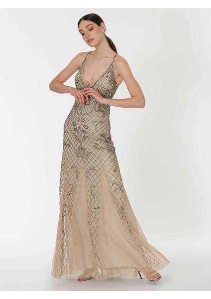Boncuk İşlemeli Tül Detaylı Uzun Elbise Şampanya Y1961108_224