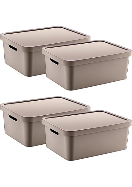 4'lü Set Stafi Çok Amaçlı Kapaklı Kutu Terra 12 Lt - Bej, Çok Amaçlı Kapaklı Kutu, Ev-Ofis-Depo Için, Kapaklı Saklama Kutusu