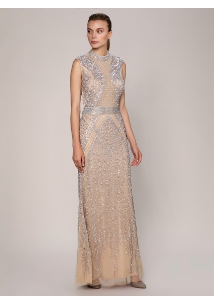 Sırt Dekolteli Boncuk İşlemeli Maksi Boy Elbise Bej K1961104_024