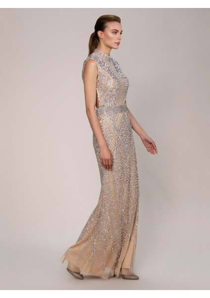 Sırt Dekolteli Boncuk İşlemeli Maksi Boy Elbise Bej K1961104_024 fiyatları