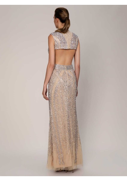 Sırt Dekolteli Boncuk İşlemeli Maksi Boy Elbise Bej K1961104_024 fırsatları