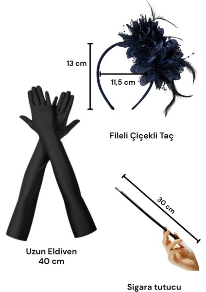 Retro Siyah Aksesuar Seti – Çiçekli Tüy Taç, Uzun Eldiven, Sigara Tutucu modelleri
