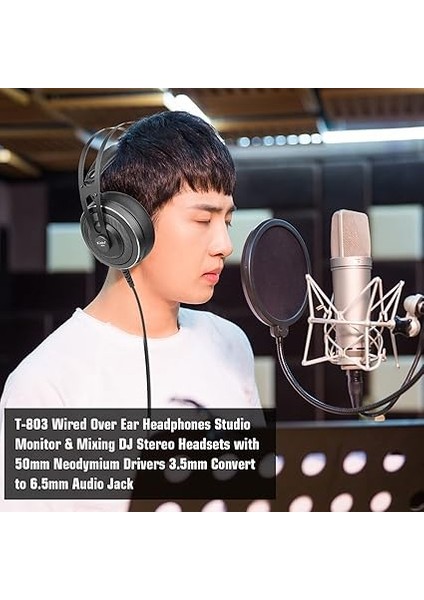 T-803 Kablolu Kulak Üstü Stüdyo ve Miks Dj Stereo Lar 50MM Dymium Sürücüler 3.5mm 6.5mm O 'a Dönüştürücü Amp Bilgisayar Fon Piyano Gitar Dizüstü Bilgisayar Siyah Siyah modelleri