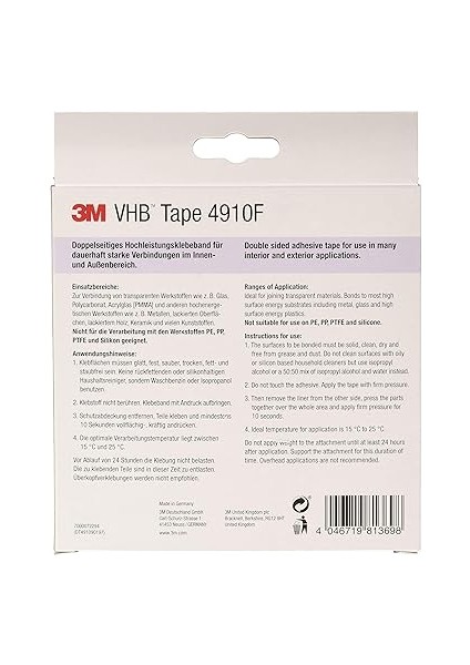 3m 4910F Montaj Yapışkan Bant Çift Taraflı - Neredeyse Görünmez Yapışkan Tabakalı Şeffaf Malzemelerin Yapıştırılmasını Sağlar - 19 mm x 3 M, Şeffaf, 1,0 mm (1'li Paket) modelleri