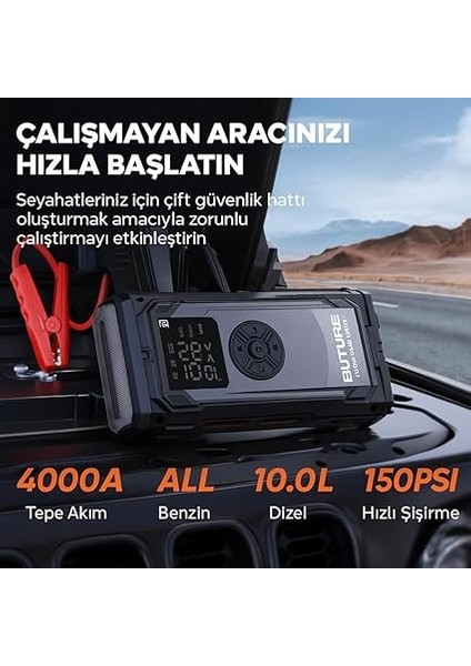 BETA06 4000A 23800MAH Lastik Şişirme Kompresörlü Taşınabilir Akü Takviye Kiti (Çanta + LED Lamba + Powerbank) fiyatları