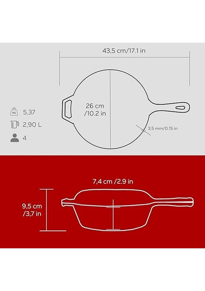 Döküm Combo Derin Tava / Saplı Tencere ve Kızartma Tavası, Metal Saplı Kapaklı, 26CM, Kırmızı indirimleri