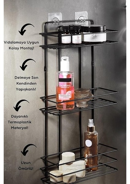 Haus Ömür Boyu Paslanmaz Yapışkanlı Metal Termo Plastik Banyo Düzenleyici Şampuanlık Duş Rafı Siyah Tş-03 modelleri