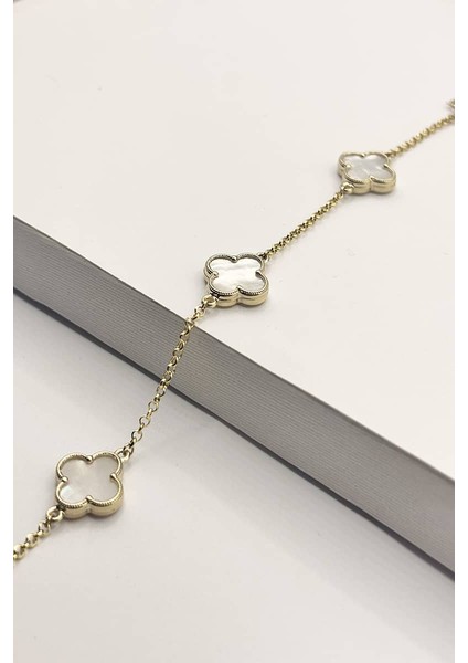 14 Ayar Altın Büyük Beyaz Sedefli Taşlı Yonca Bileklik