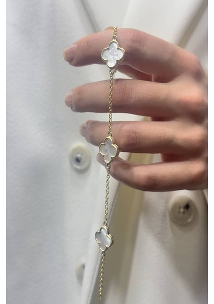 14 Ayar Altın Büyük Beyaz Sedefli Taşlı Yonca Bileklik fiyatları