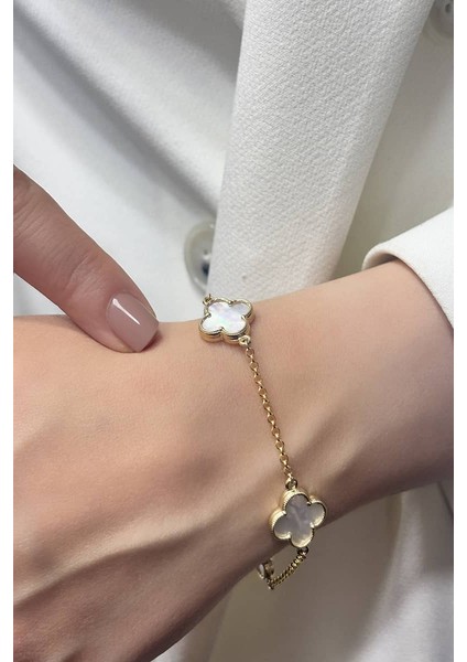 14 Ayar Altın Büyük Beyaz Sedefli Taşlı Yonca Bileklik modelleri