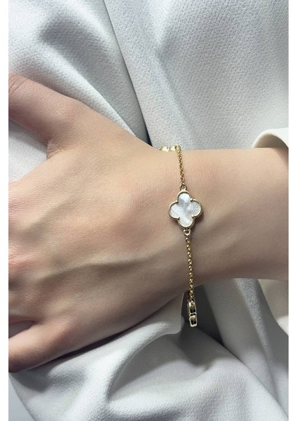 14 Ayar Altın Büyük Beyaz Sedefli Taşlı Yonca Bileklik fırsatları